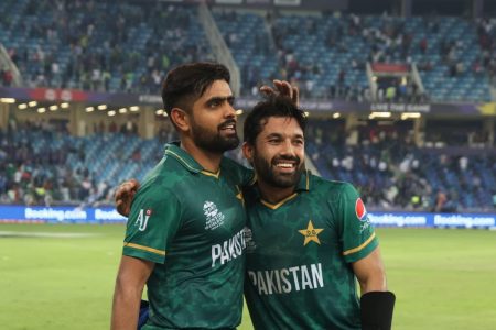 Pakistan skipper Babar Azam, left, and Mohammad Rizwan after the victory.