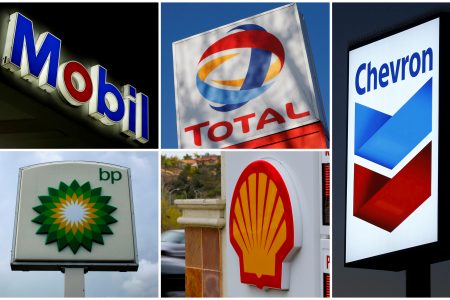 FILE PHOTO: A combination of file photos shows the logos of five of the largest publicly traded oil companies; BP, Chevron, Exxon Mobil, Royal Dutch Shell, and Total.  REUTERS/File Photo