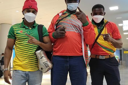 Two of Guyana’s elite boxers, Kevin Allicock and Desmond Amsterdam are in Belgrade, Serbia,  to compete in this year’s AIBA men’s world championships. The pair above, is pictured with Coach, Terrence Poole.