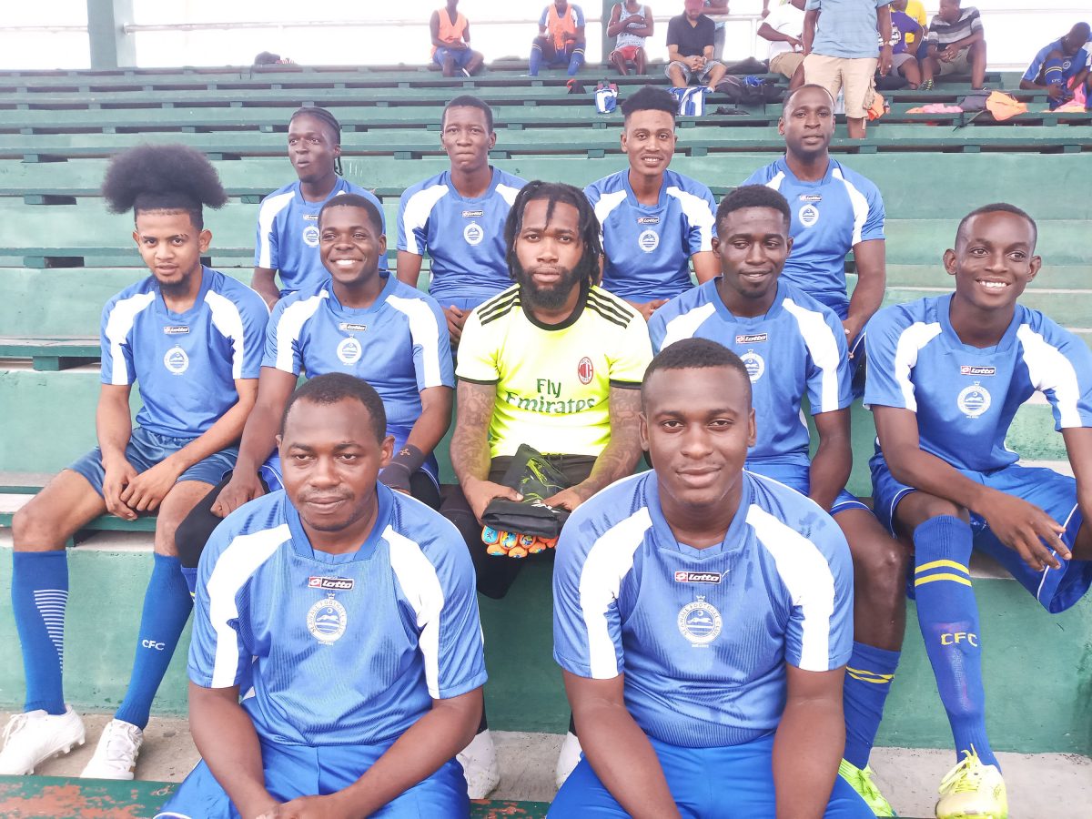 The starting XI for Pouderoyen FC before their clash with Den Amstel at the Nation Track and Field Centre, Leonora yesterday
