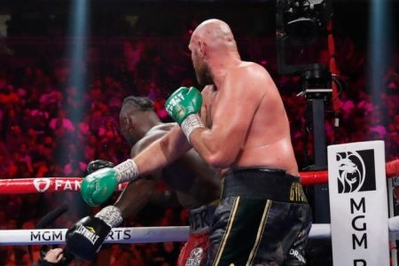 Tyson Fury knocks down Deontay Wilder for the WBC Heavyweight Title at the T-Mobile Arena, Las Vegas, Nevada, US on October 9. — Reuters