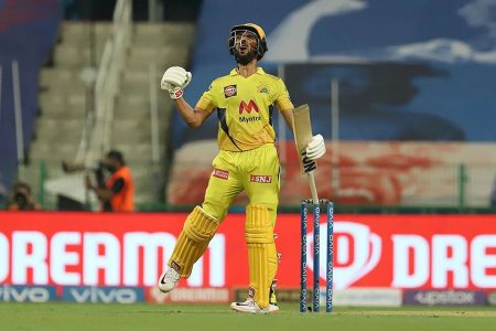 Ruturaj Gaikwad of Chennai Super Kings celebrates after scoring a century in the Vivo Indian Premier League match against the Rajasthan Royals yesterday at the Sheikh Zayed Stadium, Abu Dhabi in the United Arab Emirates. Photo by Faheem Hussain / Sportzpics for IPL