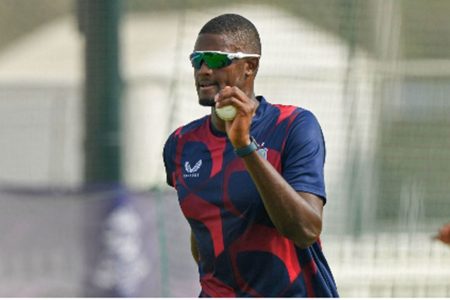  All-rounder Jason Holder during a net session at the ongoing Twenty World Cup on Monday.
