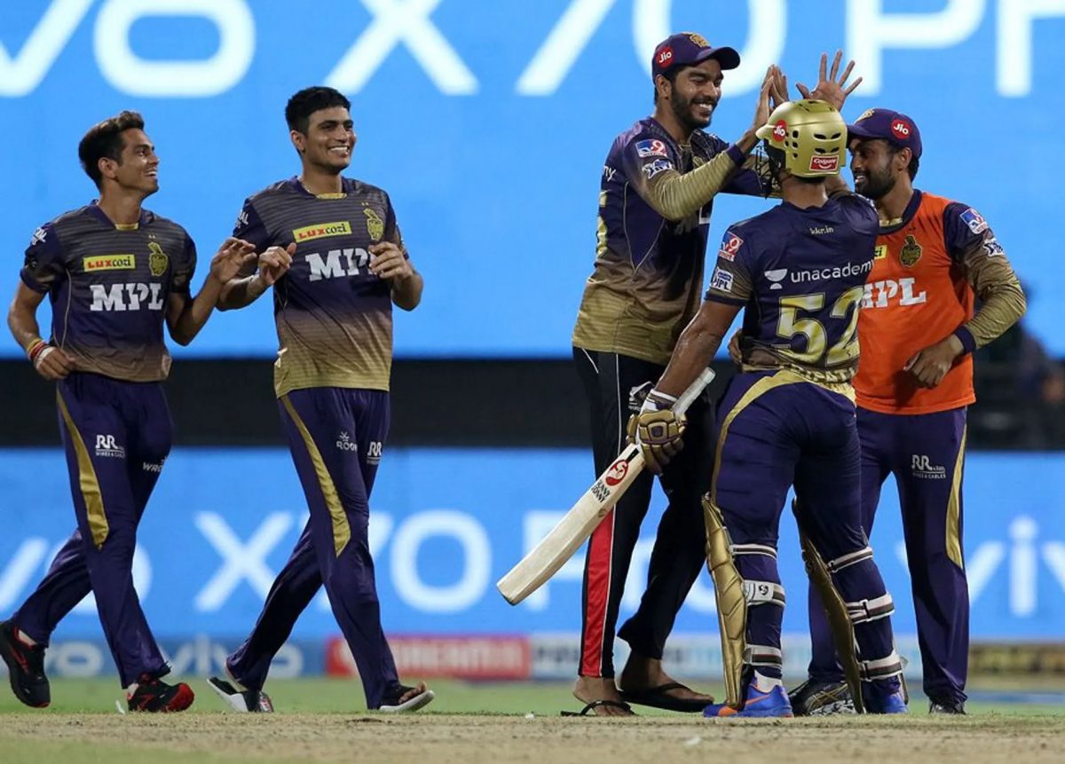 Rahul Tripathi of Kolkata Knight Riders celebrates their team’s win  against the Delhi Capitals in Qualifier 2 of the IPL  held at the Sharjah Cricket Stadium, Sharjah in the United Arab Emirates yesterday. Photo by Rahul Gulati / Sportzpics for IPL
