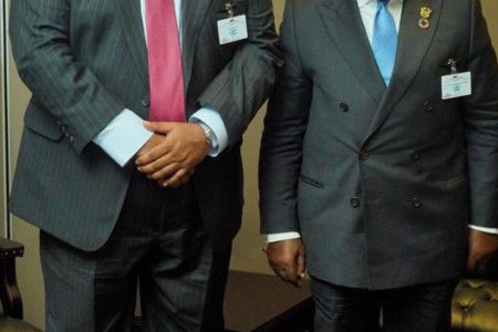 President Irfaan Ali with Ghanaian President Nana Addo Dankwa Akufo-Addo at the United Nations Headquarters in New York City last month 