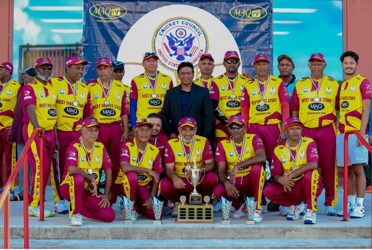The West Indies were well led by skipper Zamin Amin (third from left) and former Test player Mahendra Nagamootoo, fourth from left. In photo with the West Indies team is chairman of CCUSA Mahammad Qureshi, in black, who hosted the tournament. (Photo courtesy Trinidad Guardian)