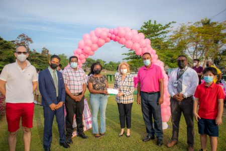 US Ambassador, Her Excellency Sarah Ann Lynch, on behalf of Nexgen Golf and  Maraiko Bay Resorts, Assuria General Insurance, Toolsie Persaud Ltd and H. Nauth & Sons, presented a cheque to Ms. Monette Harry from the Cancer Institute who thanked the donors.