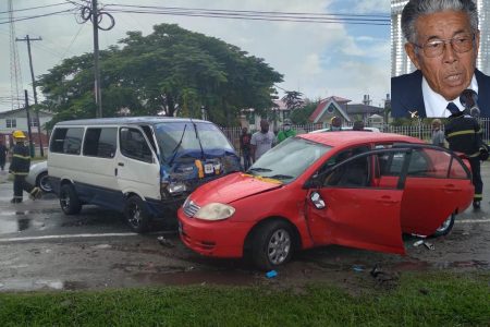 The car in which the Chan-a-Sues were travelling along with the minibus that hit them at High and Barrack streets, Kingston, Georgetown. Inset is Malcolm Chan-a-Sue