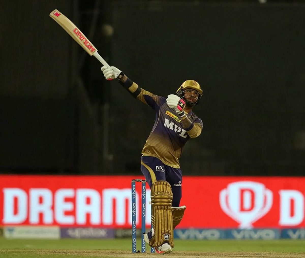Sunil Narine of Kolkata Knight Riders plays a shot during the eliminator match of the Vivo Indian Premier League against the Royal Challengers Bangalore at the Sharjah Cricket Stadium, Sharjah in the United Arab Emirates yesterday. Photo by Rahul Gulati / Sportzpics for IPL