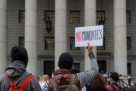 A rally against mandates outside Manhattan's federal court earlier this month.
Photo: Steve Sanchez/Zuma Press