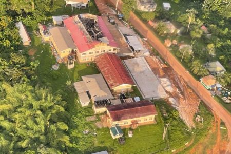 An overhead shot showing the fire-ravaged school at Mabaruma, Region One (Guyana Fire Service photo)