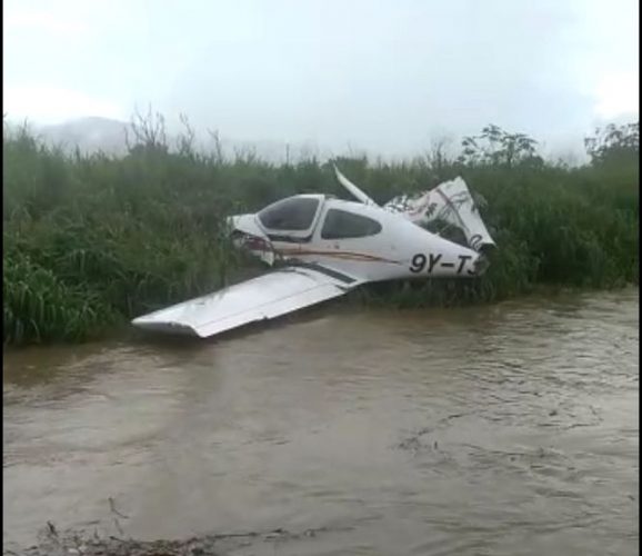 The Diamond DA40 Light four-seater aeroplane which crashed while trying to land at the Piarco International Airport yesterday.