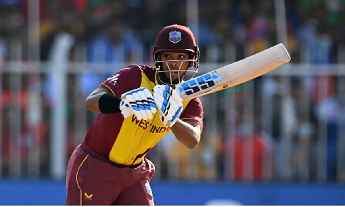 Man-of-the-Match Nicholas Pooran plays through the on-side during his top score of 40.
