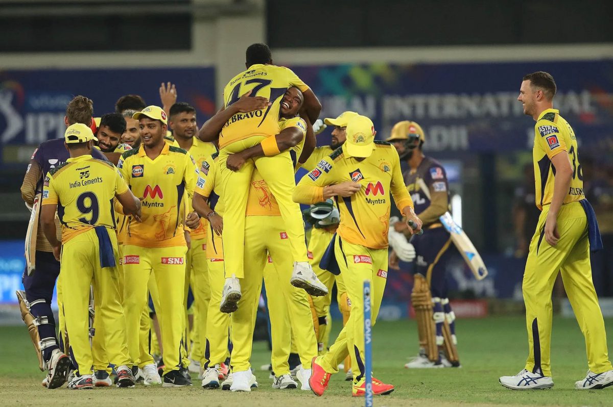 Chennai Super Kings celebrate their win in  the final of the Vivo Indian Premier League 2021 against the Kolkata Knight Riders at the Dubai International Stadium in the United Arab Emirates yesterday. Photo by Ron Gaunt / Sportzpics for IPL
