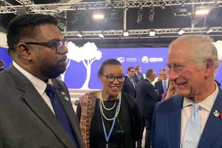 President Irfaan Ali (left) in discussion with Britain’s Prince Charles (right) and Commonwealth Secretary General Patricia Scotland (Office of the President photo) 