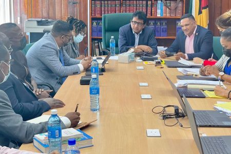 Attorney General Anil Nandlall and Natural Resources Minister Vickram Bharrat along with their representatives meeting with the Ghanaian Technical Team

