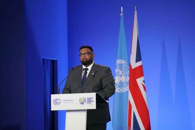 President Irfaan Ali delivering his address to world leaders at COP26 in Glasgow, Scotland (Office of the President photo) 