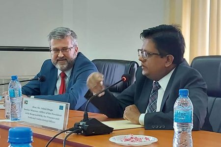 Senior Minister in the Office of the President with responsibility for Finance, Dr Ashni Singh (right) with EU Ambassador to Guyana Dr. Fernando Ponz Cantó at the meeting. 