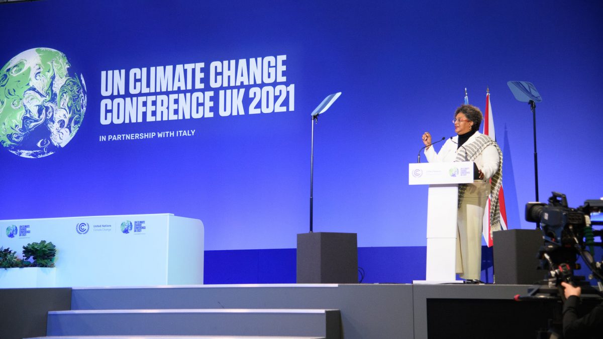 Prime Minister Mia Mottley addressing the COP26 summit on Monday 
