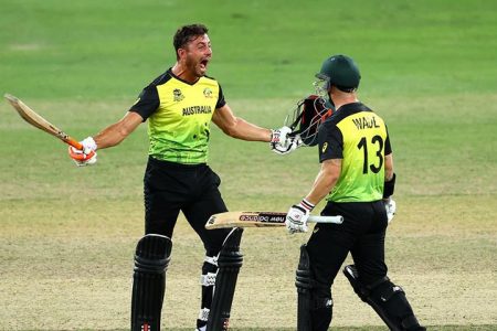 Aussie Ecstasy - Marcus Stoinis (left) and Matthew Wade celebrating after defeating Pakistan in the semifinal of the ICC Men’s T20 World Cup 