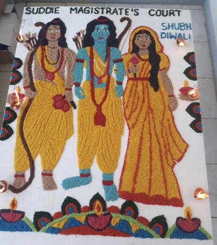 The rangoli made by staffers of the Suddie Magistrate’s Court 