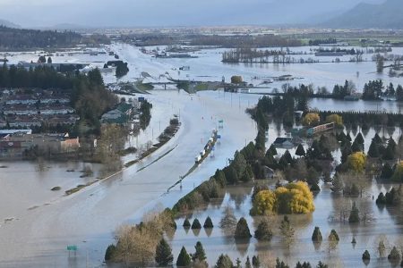 An aerial shot of flooding on the Sumas Prairie in Abbotsford. Photograph: City of Abbotsford/AFP/Getty Images