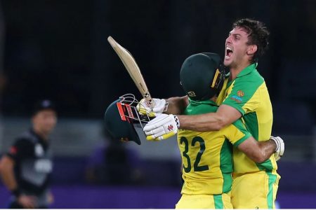 vAustralia’s Mitchell Marsh and Glenn Maxwell celebrate winning the ICC Men’s T20 World Cup REUTERS/Satish Kumar  