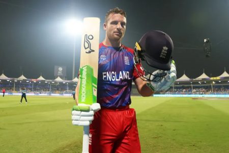 Vice-captain Jos Buttler celebrates his maiden Twenty20 International hundred yesterday.(Photo courtesy ICC T20 World Cup) 