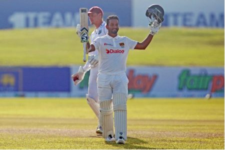 Sri Lanka’s Dimuth Karunaratne returned to action with a bang scoring and undefeated century 132 not out, his fourth century at Galle and fourth for the year, to put the hosts in a strong position at the end of day one of the first test.
