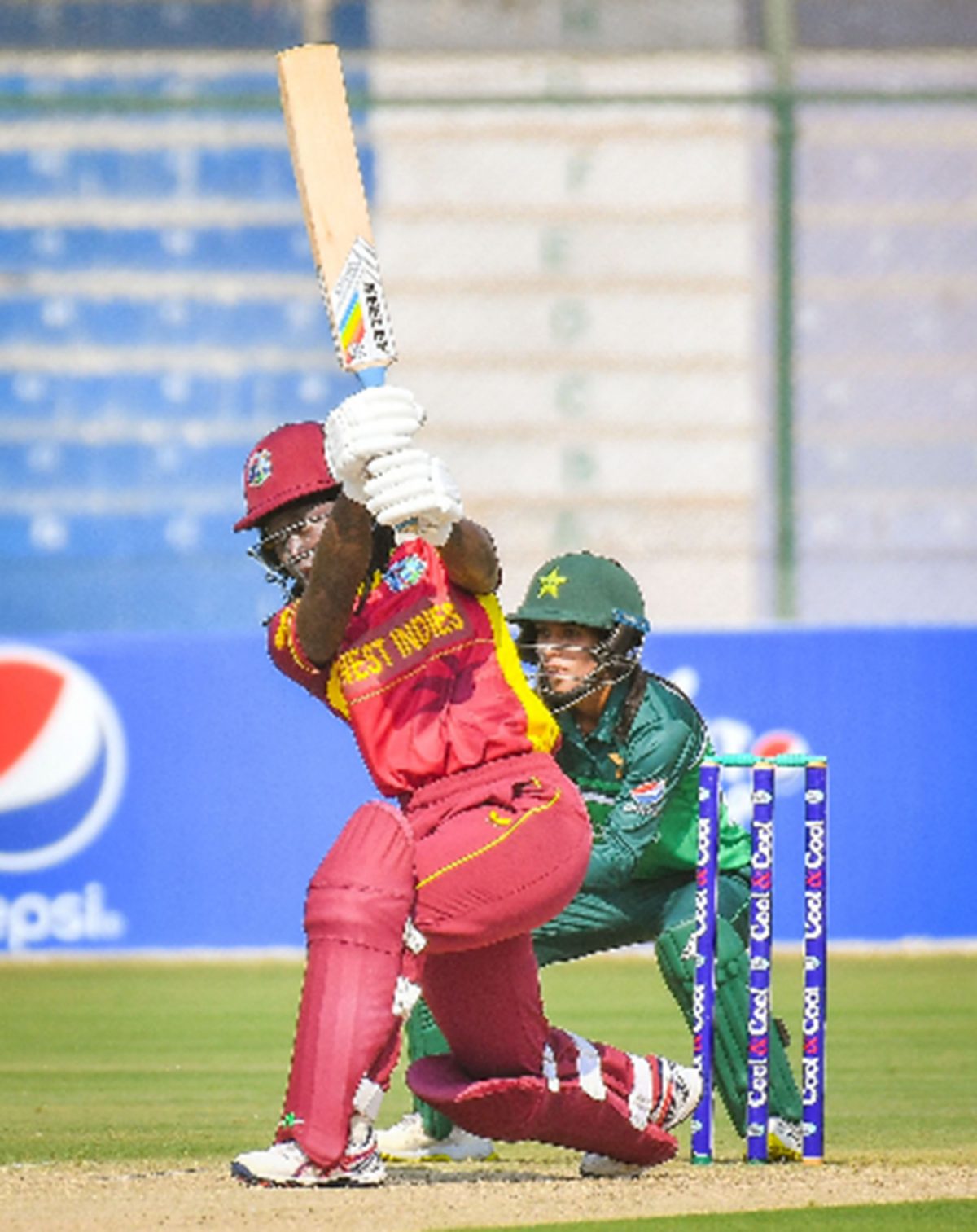 Deandra Dottin goes on the attack during her 132 against Pakistan yesterday.
