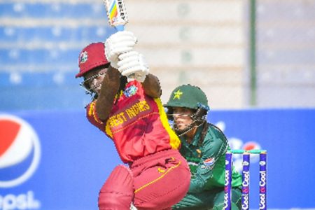 Deandra Dottin goes on the attack during her 132 against Pakistan yesterday.
