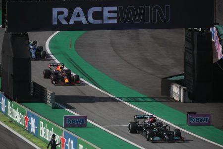Mercedes’ Lewis Hamilton crosses the finish line to win the race REUTERS/Ricardo Moraes
