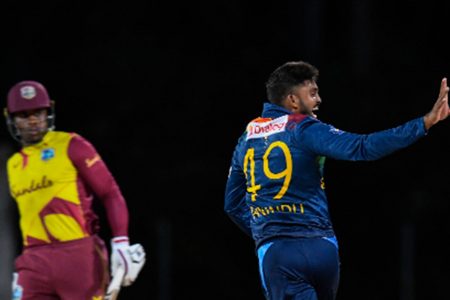 Leg-spinner Wanindu Hasaranga celebrates against West Indies in the Caribbean earlier this year.
