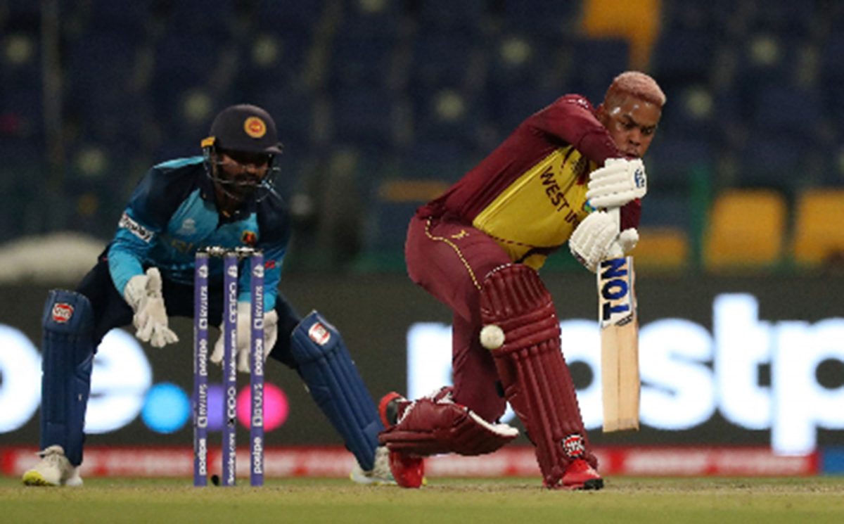 Left-hander Shimron Hetmyer defends during his top score of 81 not out against Sri Lanka.
