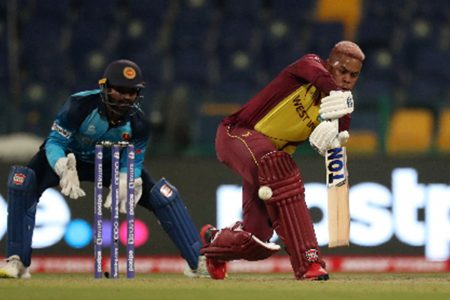 Left-hander Shimron Hetmyer defends during his top score of 81 not out against Sri Lanka.