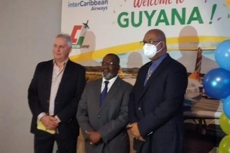 From right: Minister responsible for aviation Juan Edghill, Chairman of interCaribbean Airlines Lyndon Gardiner, and the company’s Chief Executive Officer Trevor Sadler at its Guyana launch on Friday
