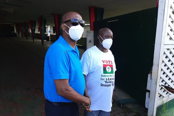 May the best man win? Two of the three contenders for the leadership of the People’s National Congress Reform (PNCR) Joseph Harmon (at left) and Aubrey Norton shaking hands during the party’s Nomination Day process at Congress Place on Friday. The other candidate for the post of leader is Dr Richard Van West-Charles. The party will elect a new leader at its upcoming 21st Delegates’ Congress. (Photo by Marcelle Thomas)