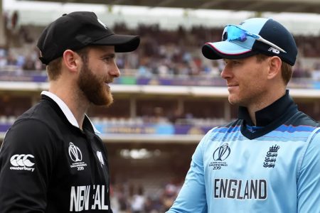 KANE MEETS EION! New Zealand Skipper Kane Williamson and  England captain Eion Morgan greet each other prior to today’s ICC T20 World Cup semi-final showdown.