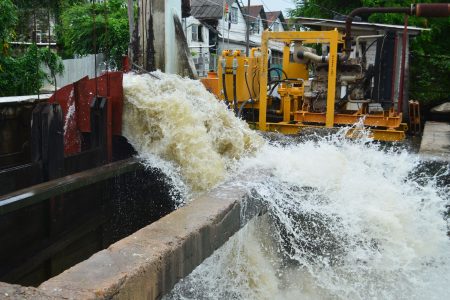 The Kingston Pump Station extruding large volumes of water yesterday after torrential rain flooded parts of the city. 
