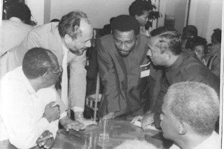 From left to right are former Foreign Minister Rashleigh Jackson, the late James Mitchell, Carl B. Greenidge, Winston Murray and Ambassador Noel Sinclair at a CARICOM meeting in Jamaica in 1992. (Photo courtesy of Carl Greenidge) 