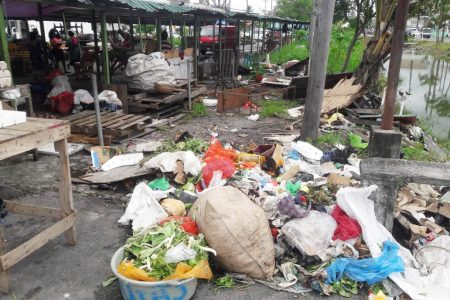 Spoilt produce along with waste from vendors discarded on the Merriman Mall. (Orlando Charles photo)