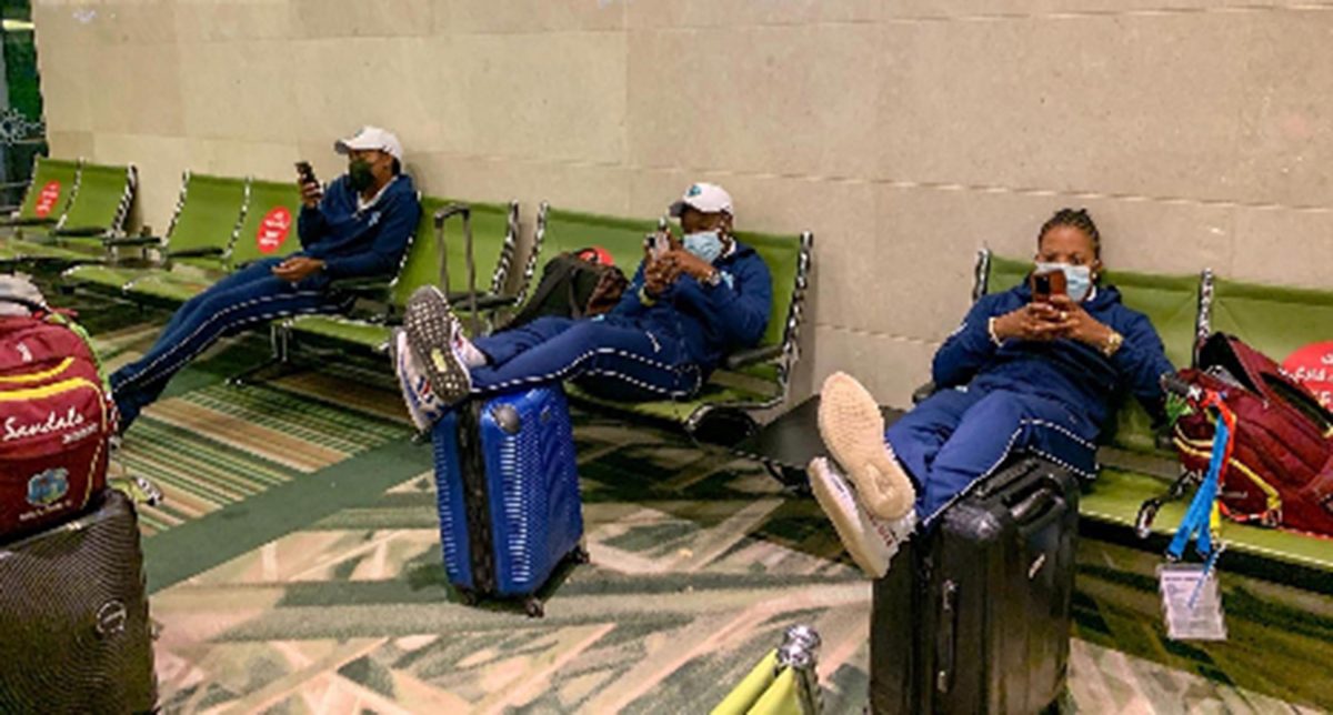  Members of the West Indies Women’s squad at the airport in Oman.