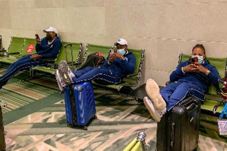  Members of the West Indies Women’s squad at the airport in Oman.