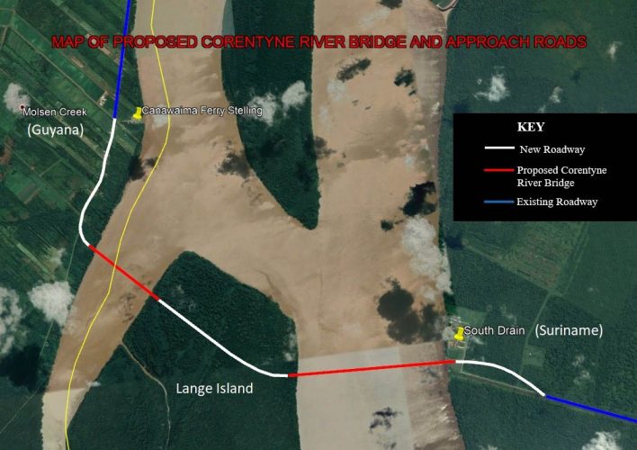 The proposed alignment of the Corentyne River Bridge and approach roads