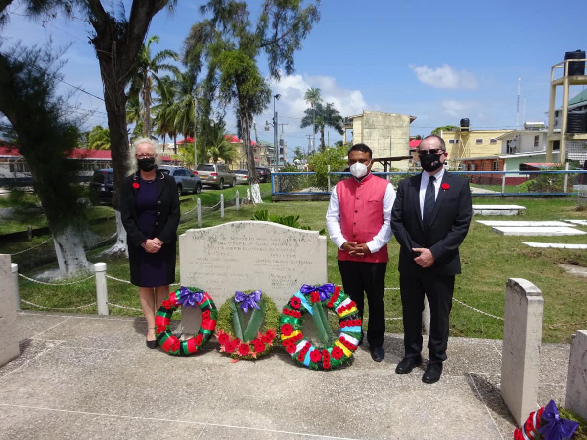 Remembrance: Yesterday, the British, Canadian and Indian High Commissioners along with the Guyana Defence Force and the Guyana Legion laid wreaths at the Commonwealth War Graves, Eve Leary, Georgetown. From left are UK High Commissioner Jane Miller,  Indian High Commissioner K J Srinivasa and Canadian High Commissioner Mark Berman. (Guyana Police Force photo)