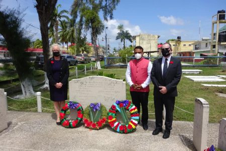 Remembrance: Yesterday, the British, Canadian and Indian High Commissioners along with the Guyana Defence Force and the Guyana Legion laid wreaths at the Commonwealth War Graves, Eve Leary, Georgetown. From left are UK High Commissioner Jane Miller,  Indian High Commissioner K J Srinivasa and Canadian High Commissioner Mark Berman. (Guyana Police Force photo)