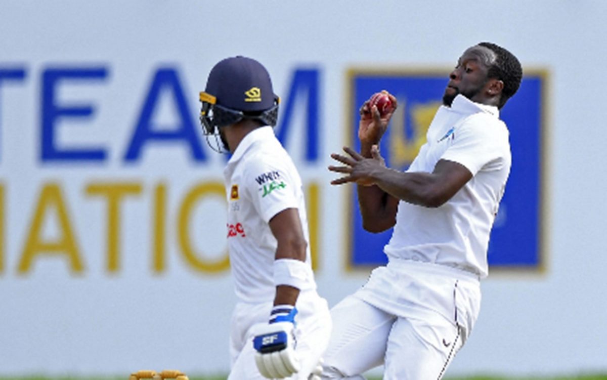 Seamer Kemar Roach sends down a delivery during a testing opening spell at Galle yesterday.