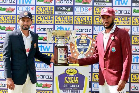 West Indies captain Kraigg Brathwaite, right, will be
hoping to have one hand on the trophy still at the end of the second test against Sri Lanka which commences today.