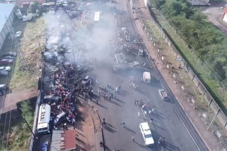 An accident scene is seen in this drone picture after a fuel tanker explosion in Freetown, Sierra Leone November 6, 2021. (National Disaster Management Agency-Sierra Leone/Handout via REUTERS)