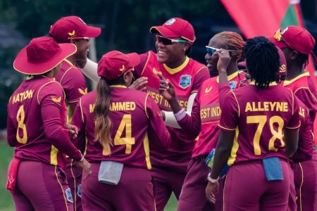 West Indies Women celebrating their first round win  of the ICC 50-overs World Cup qualifiers  over minnows Ireland Women yesterday.